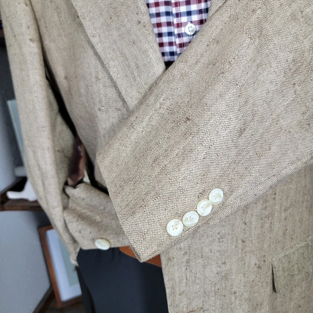 VTG Town Craft Men's Sport Coat Blazer Two Button Dark‎ Beige Silk Size 44L